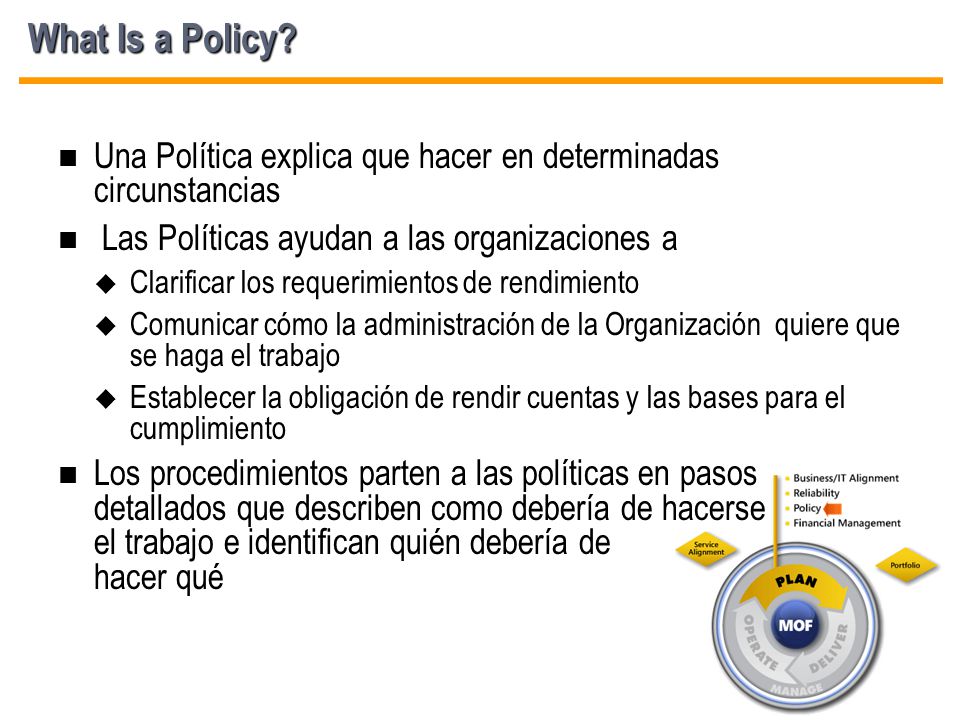 What Is a Policy Una Política explica que hacer en determinadas circunstancias. Las Políticas ayudan a las organizaciones a.