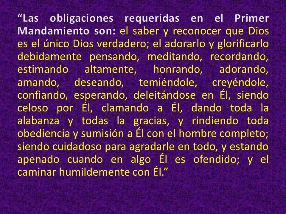 Las obligaciones requeridas en el Primer Mandamiento son: el saber y reconocer que Dios es el único Dios verdadero; el adorarlo y glorificarlo debidamente pensando, meditando, recordando, estimando altamente, honrando, adorando, amando, deseando, temiéndole, creyéndole, confiando, esperando, deleitándose en Él, siendo celoso por Él, clamando a Él, dando toda la alabanza y todas la gracias, y rindiendo toda obediencia y sumisión a Él con el hombre completo; siendo cuidadoso para agradarle en todo, y estando apenado cuando en algo Él es ofendido; y el caminar humildemente con Él.