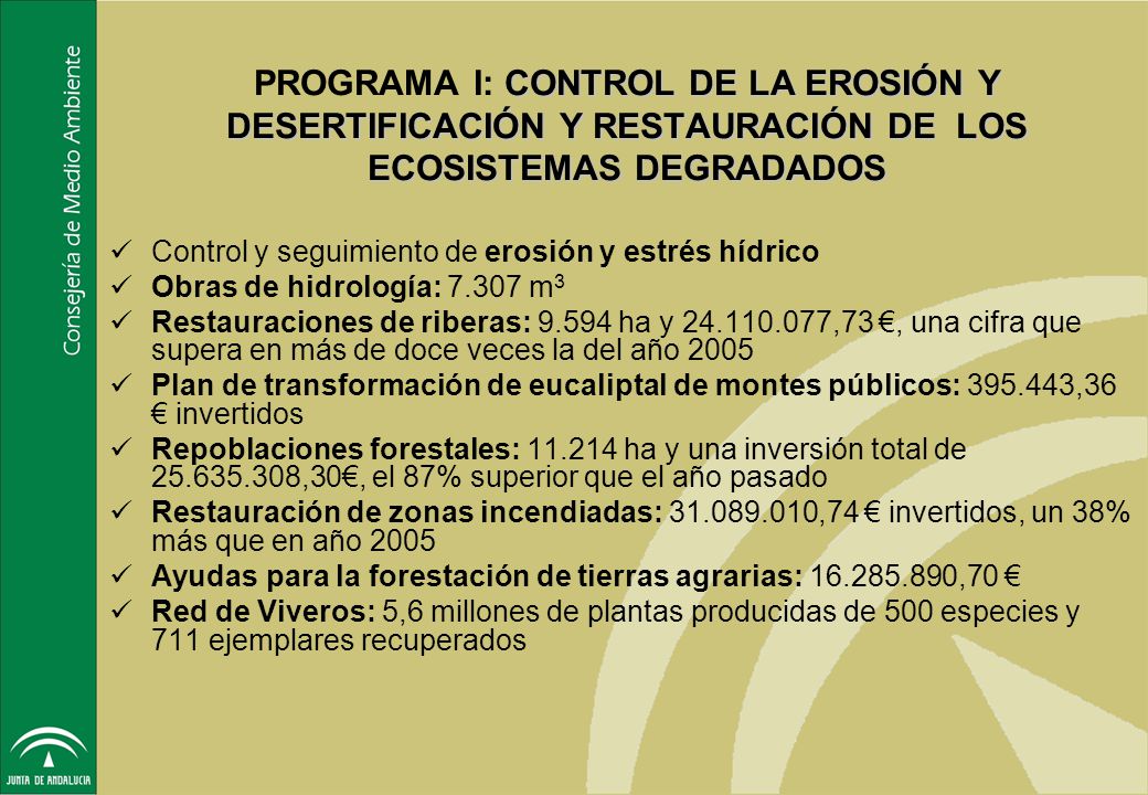 PROGRAMA I: CONTROL DE LA EROSIÓN Y DESERTIFICACIÓN Y RESTAURACIÓN DE LOS ECOSISTEMAS DEGRADADOS