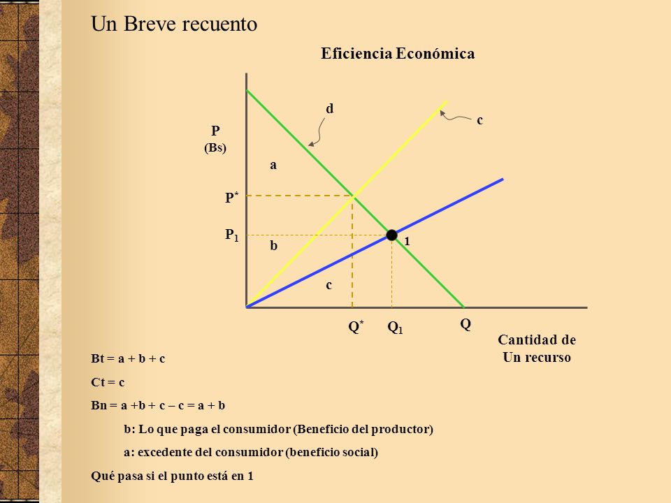 Un Breve recuento Eficiencia Económica d Q c Q* P* P (Bs) a b c Q1 P1