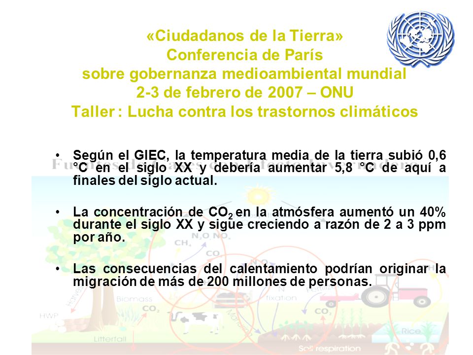 «Ciudadanos de la Tierra» Conferencia de París sobre gobernanza medioambiental mundial 2-3 de febrero de 2007 – ONU Taller : Lucha contra los trastornos climáticos