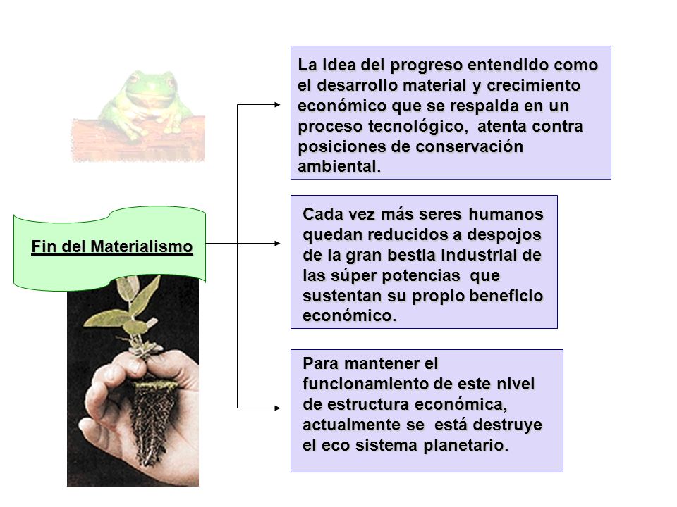 La idea del progreso entendido como el desarrollo material y crecimiento económico que se respalda en un proceso tecnológico, atenta contra posiciones de conservación ambiental.