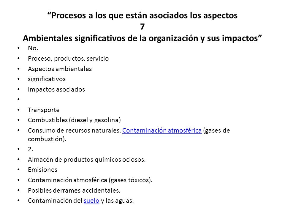 Procesos a los que están asociados los aspectos 7 Ambientales significativos de la organización y sus impactos