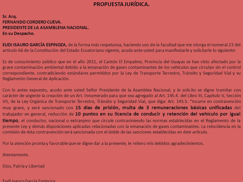 PROPUESTA JURÍDICA. Sr. Arq. FERNANDO CORDERO CUEVA.