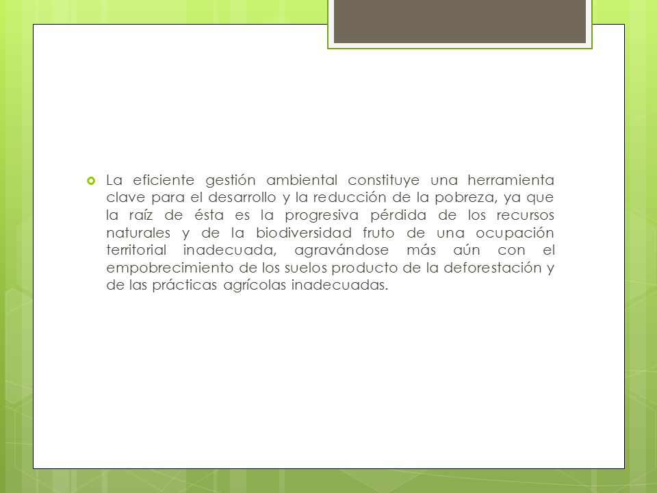 La eficiente gestión ambiental constituye una herramienta clave para el desarrollo y la reducción de la pobreza, ya que la raíz de ésta es la progresiva pérdida de los recursos naturales y de la biodiversidad fruto de una ocupación territorial inadecuada, agravándose más aún con el empobrecimiento de los suelos producto de la deforestación y de las prácticas agrícolas inadecuadas.