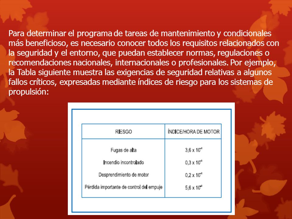 Para determinar el programa de tareas de mantenimiento y condicionales más beneficioso, es necesario conocer todos los requisitos relacionados con la seguridad y el entorno, que puedan establecer normas, regulaciones o recomendaciones nacionales, internacionales o profesionales.