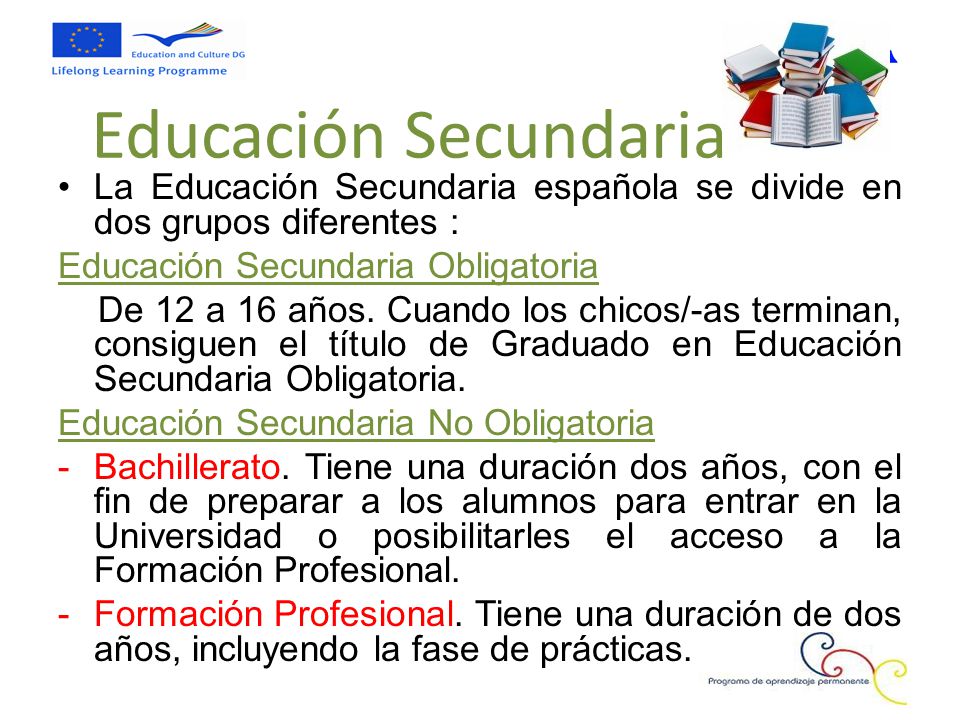 Educación Secundaria La Educación Secundaria española se divide en dos grupos diferentes : Educación Secundaria Obligatoria.