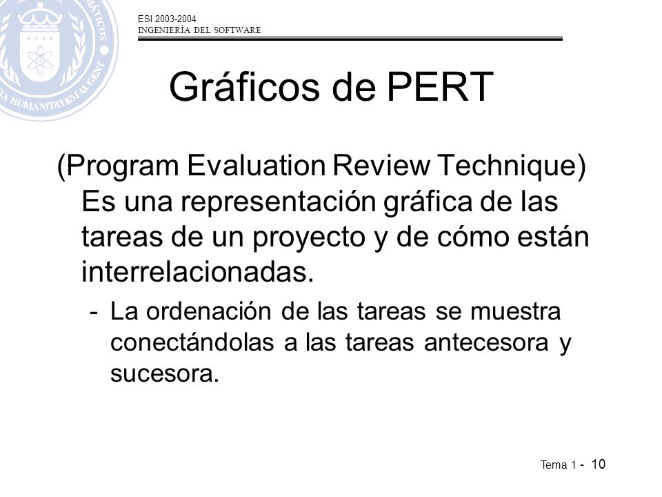 Gráficos de PERT (Program Evaluation Review Technique) Es una representación gráfica de las tareas de un proyecto y de cómo están interrelacionadas.