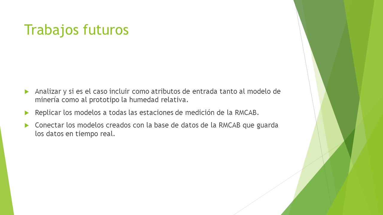Trabajos futuros Analizar y si es el caso incluir como atributos de entrada tanto al modelo de minería como al prototipo la humedad relativa.