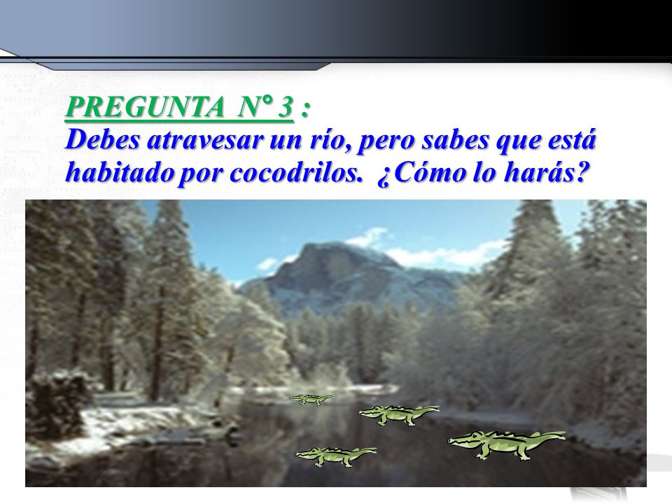 PREGUNTA N° 3 : Debes atravesar un río, pero sabes que está habitado por cocodrilos.