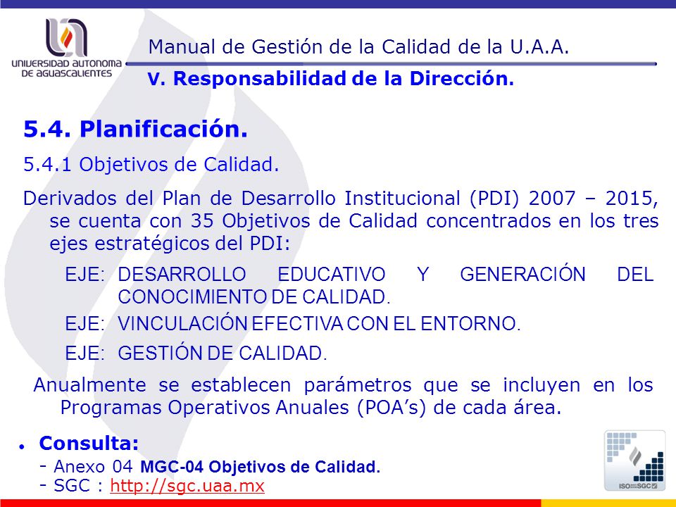 5.4. Planificación. Manual de Gestión de la Calidad de la U.A.A.