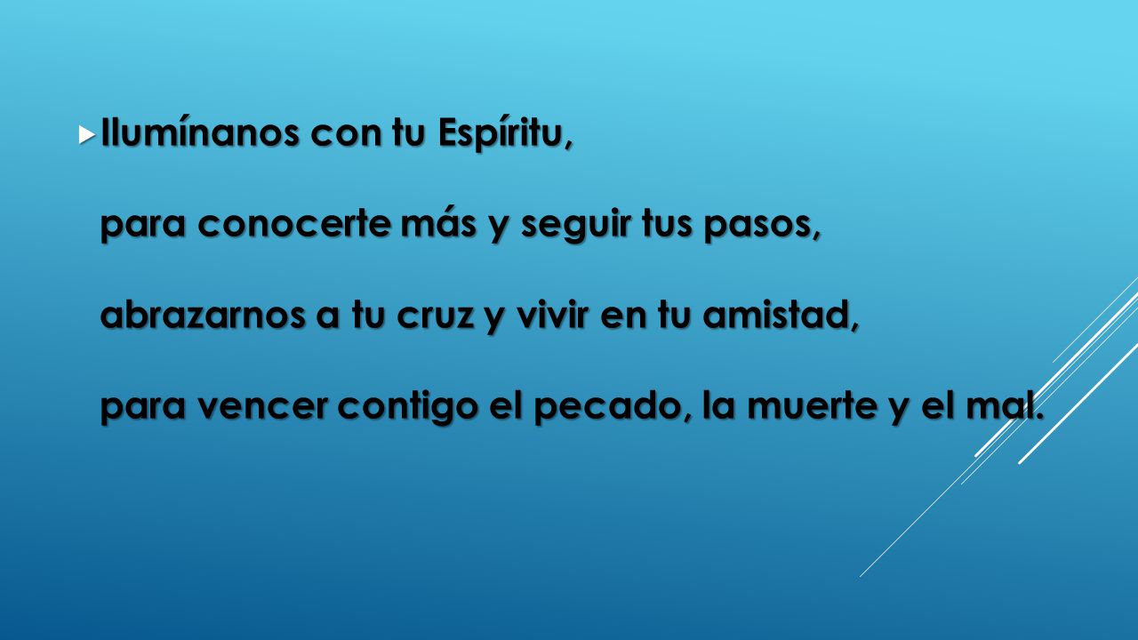Ilumínanos con tu Espíritu, para conocerte más y seguir tus pasos, abrazarnos a tu cruz y vivir en tu amistad, para vencer contigo el pecado, la muerte y el mal.