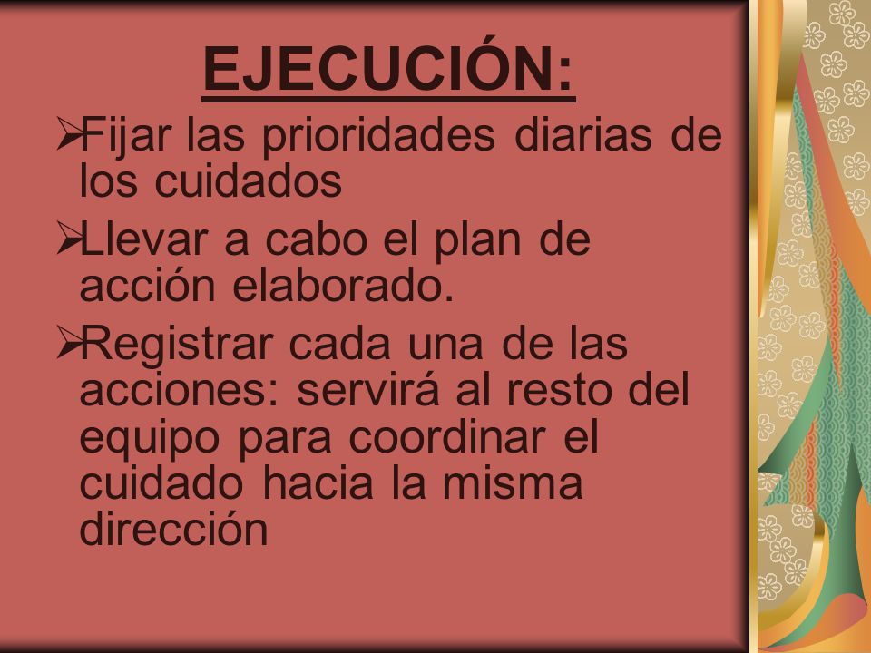 EJECUCIÓN: Fijar las prioridades diarias de los cuidados