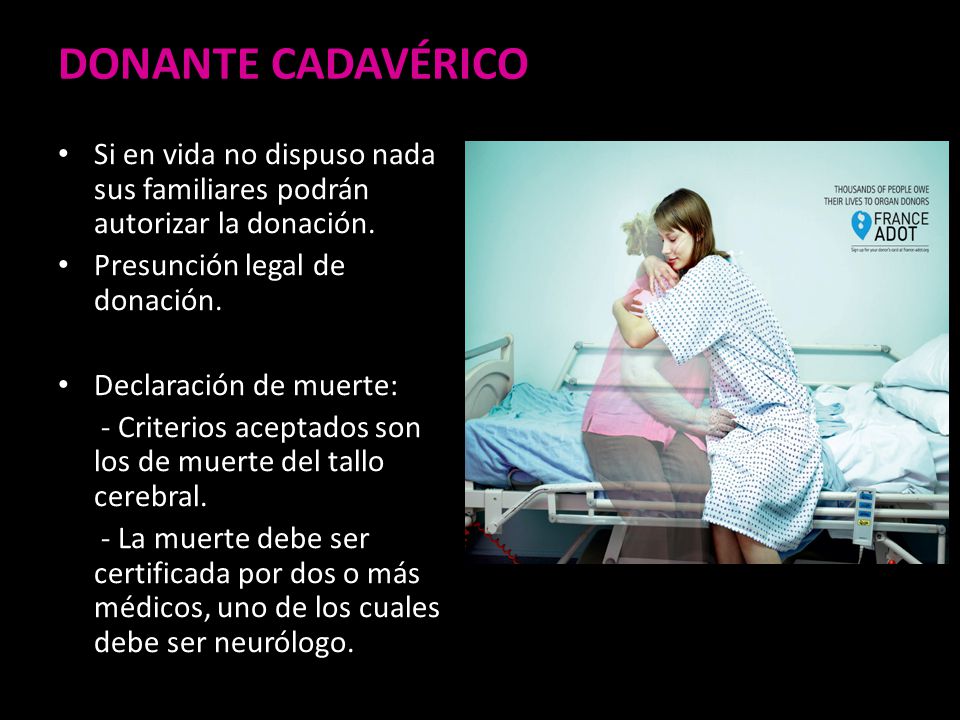 DONANTE CADAVÉRICO Si en vida no dispuso nada sus familiares podrán autorizar la donación. Presunción legal de donación.