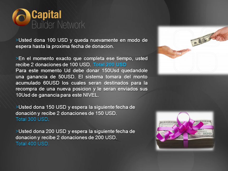 >Usted dona 100 USD y queda nuevamente en modo de espera hasta la proxima fecha de donacion.