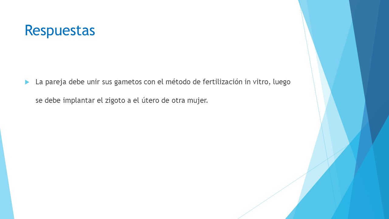 Respuestas La pareja debe unir sus gametos con el método de fertilización in vitro, luego se debe implantar el zigoto a el útero de otra mujer.