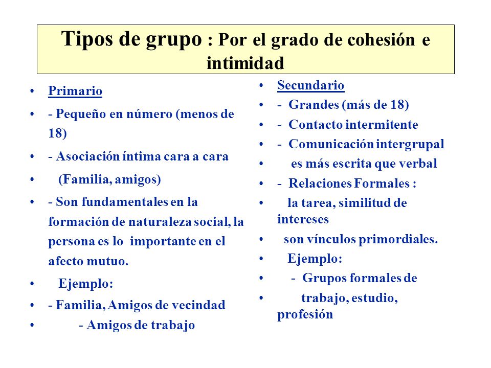 Tipos de grupo : Por el grado de cohesión e intimidad
