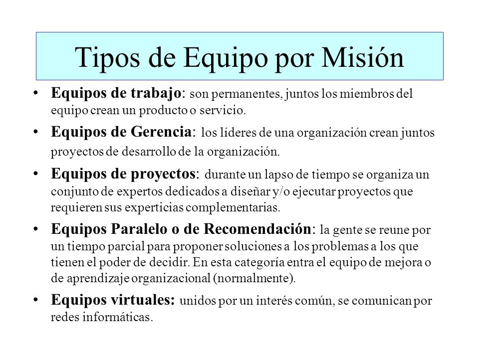 Tipos de Equipo por Misión