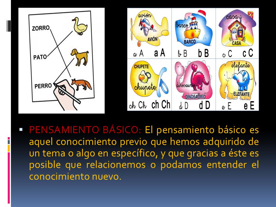 PENSAMIENTO BÁSICO: El pensamiento básico es aquel conocimiento previo que hemos adquirido de un tema o algo en específico, y que gracias a éste es posible que relacionemos o podamos entender el conocimiento nuevo.