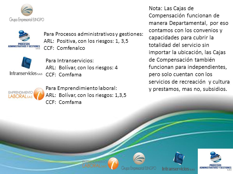 Nota: Las Cajas de Compensación funcionan de manera Departamental, por eso contamos con los convenios y capacidades para cubrir la totalidad del servicio sin importar la ubicación, las Cajas de Compensación también funcionan para independientes, pero solo cuentan con los servicios de recreación y cultura y prestamos, mas no, subsidios.