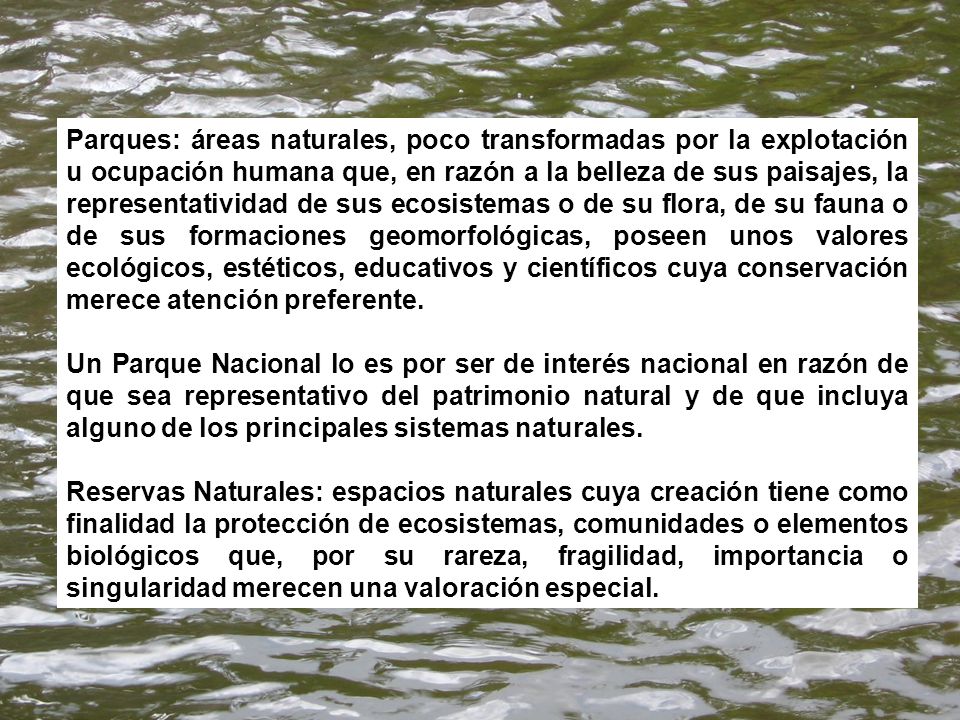 Parques: áreas naturales, poco transformadas por la explotación u ocupación humana que, en razón a la belleza de sus paisajes, la representatividad de sus ecosistemas o de su flora, de su fauna o de sus formaciones geomorfológicas, poseen unos valores ecológicos, estéticos, educativos y científicos cuya conservación merece atención preferente.