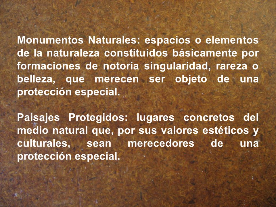 Monumentos Naturales: espacios o elementos de la naturaleza constituidos básicamente por formaciones de notoria singularidad, rareza o belleza, que merecen ser objeto de una protección especial.