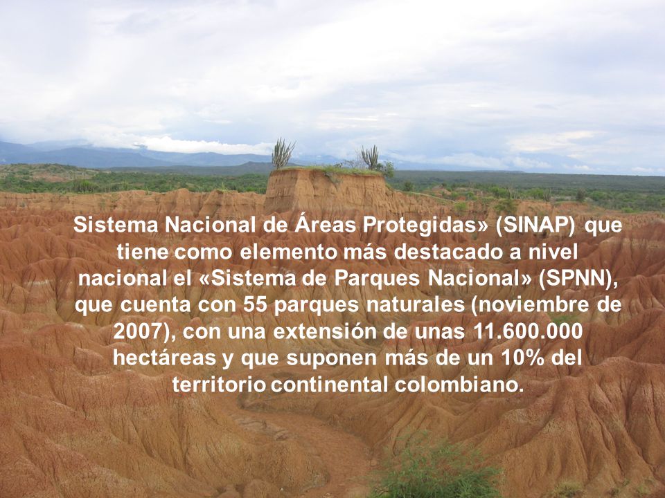 Sistema Nacional de Áreas Protegidas» (SINAP) que tiene como elemento más destacado a nivel nacional el «Sistema de Parques Nacional» (SPNN), que cuenta con 55 parques naturales (noviembre de 2007), con una extensión de unas hectáreas y que suponen más de un 10% del territorio continental colombiano.