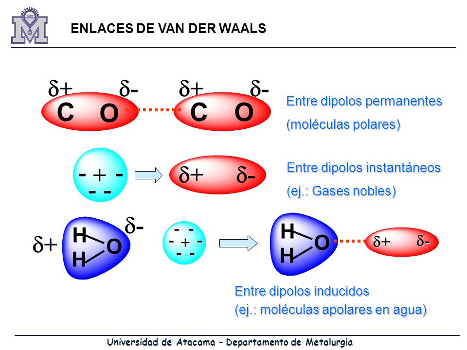 C O d+ d- + - d+ d- - - H O d- + d+ - ENLACES DE VAN DER WAALS