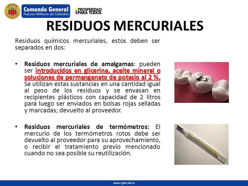 RESIDUOS MERCURIALES Residuos químicos mercuriales, estos deben ser separados en dos: