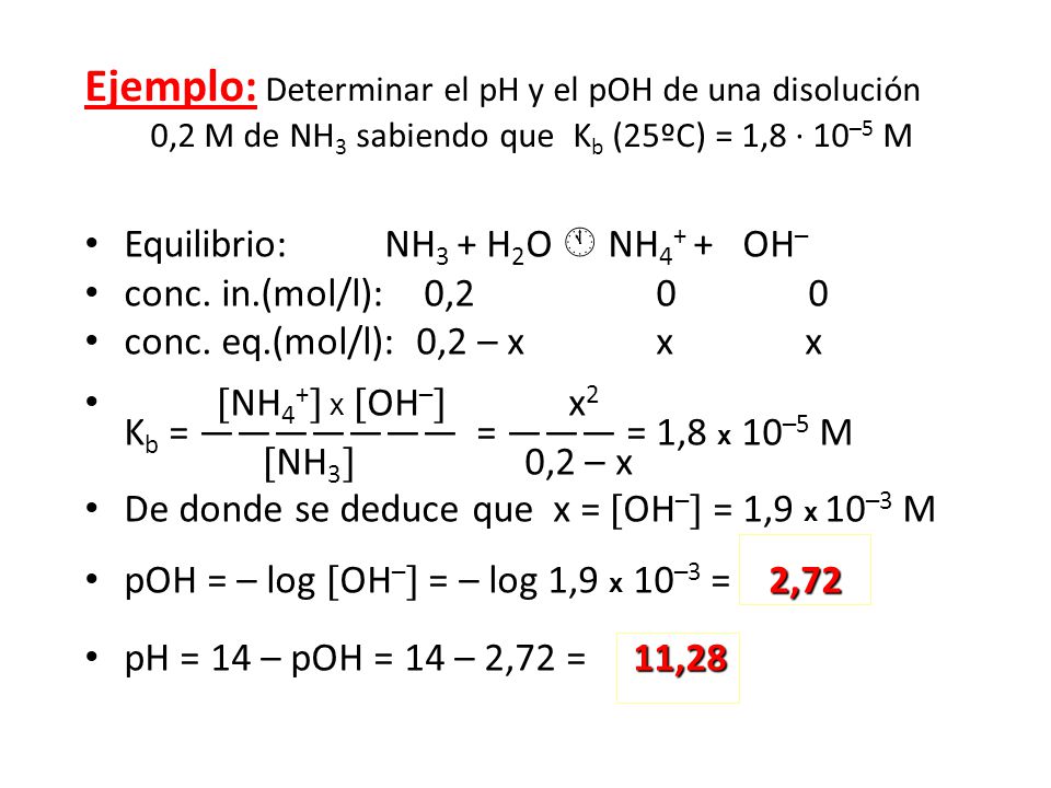 Ejemplo: Determinar el pH y el pOH de una disolución 0,2 M de NH3 sabiendo que Kb (25ºC) = 1,8 · 10–5 M