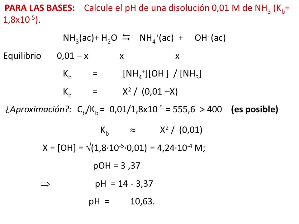NH3(ac)+ H2O  NH4+(ac) + OH- (ac) Equilibrio 0,01 – x x x