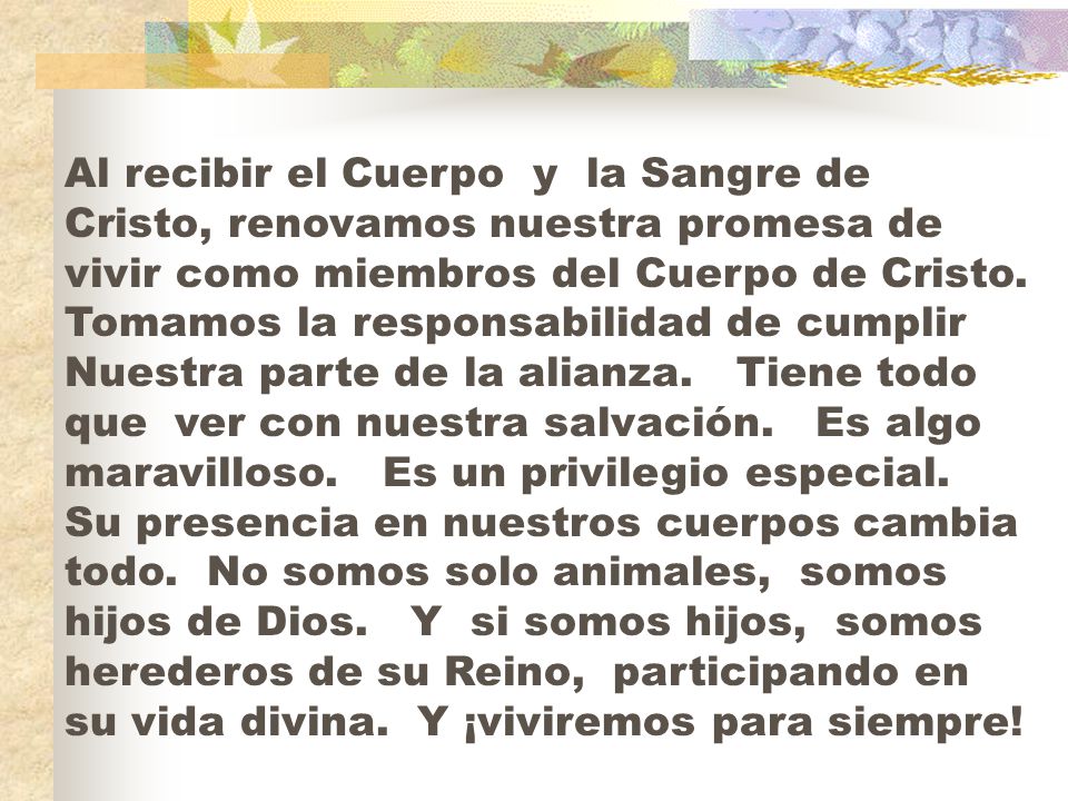 Al recibir el Cuerpo y la Sangre de Cristo, renovamos nuestra promesa de vivir como miembros del Cuerpo de Cristo.