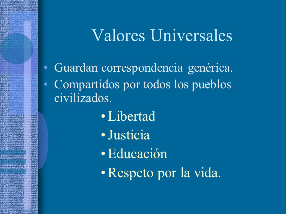 Valores Universales Libertad Justicia Educación Respeto por la vida.