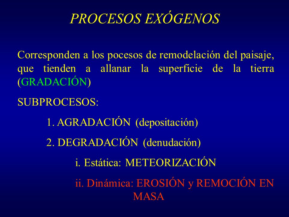 PROCESOS EXÓGENOS Corresponden a los pocesos de remodelación del paisaje, que tienden a allanar la superficie de la tierra (GRADACIÓN)