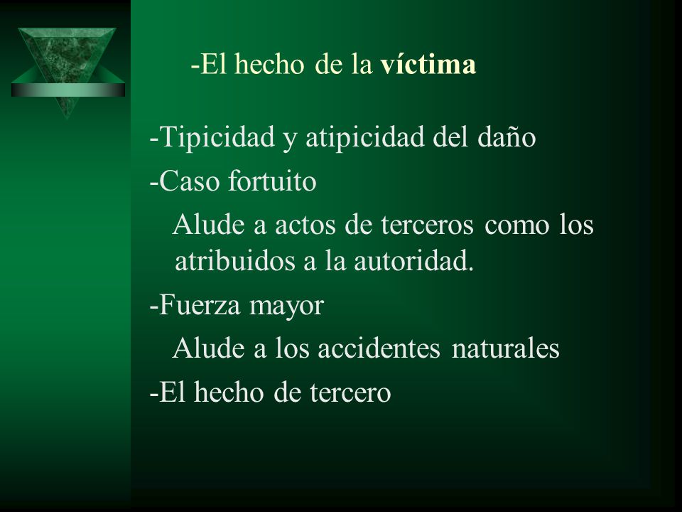 -El hecho de la víctima -Tipicidad y atipicidad del daño. -Caso fortuito. Alude a actos de terceros como los atribuidos a la autoridad.