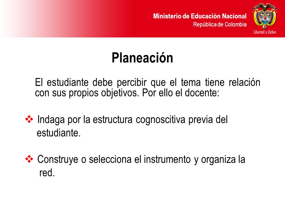 Planeación El estudiante debe percibir que el tema tiene relación con sus propios objetivos. Por ello el docente: