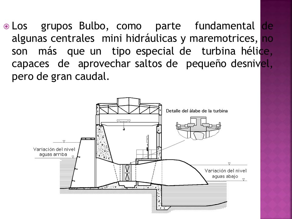 Los grupos Bulbo, como parte fundamental de algunas centrales mini hidráulicas y maremotrices, no son más que un tipo especial de turbina hélice, capaces de aprovechar saltos de pequeño desnivel, pero de gran caudal.