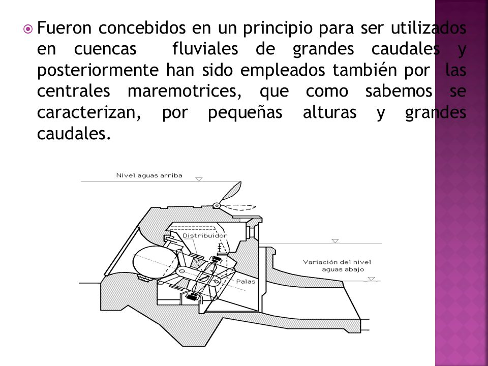 Fueron concebidos en un principio para ser utilizados en cuencas fluviales de grandes caudales y posteriormente han sido empleados también por las centrales maremotrices, que como sabemos se caracterizan, por pequeñas alturas y grandes caudales.