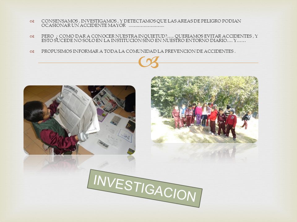 CONSENSAMOS , INVESTIGAMOS , Y DETECTAMOS QUE LAS AREAS DE PELIGRO PODIAN OCASIONAR UN ACCIDENTE MAYOR