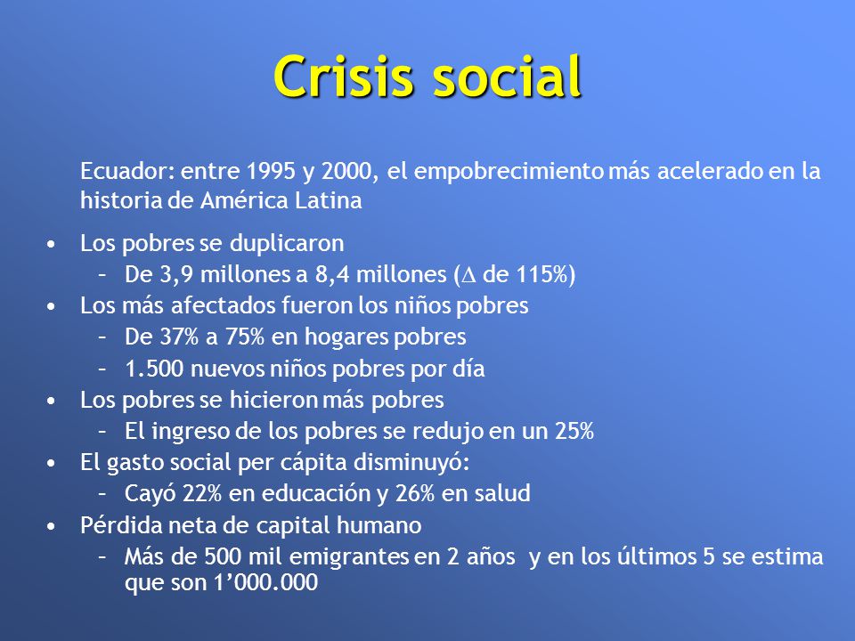 Crisis social Ecuador: entre 1995 y 2000, el empobrecimiento más acelerado en la historia de América Latina.