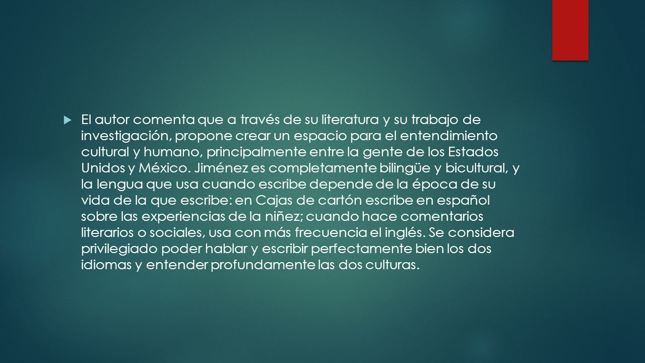 El autor comenta que a través de su literatura y su trabajo de investigación, propone crear un espacio para el entendimiento cultural y humano, principalmente entre la gente de los Estados Unidos y México.