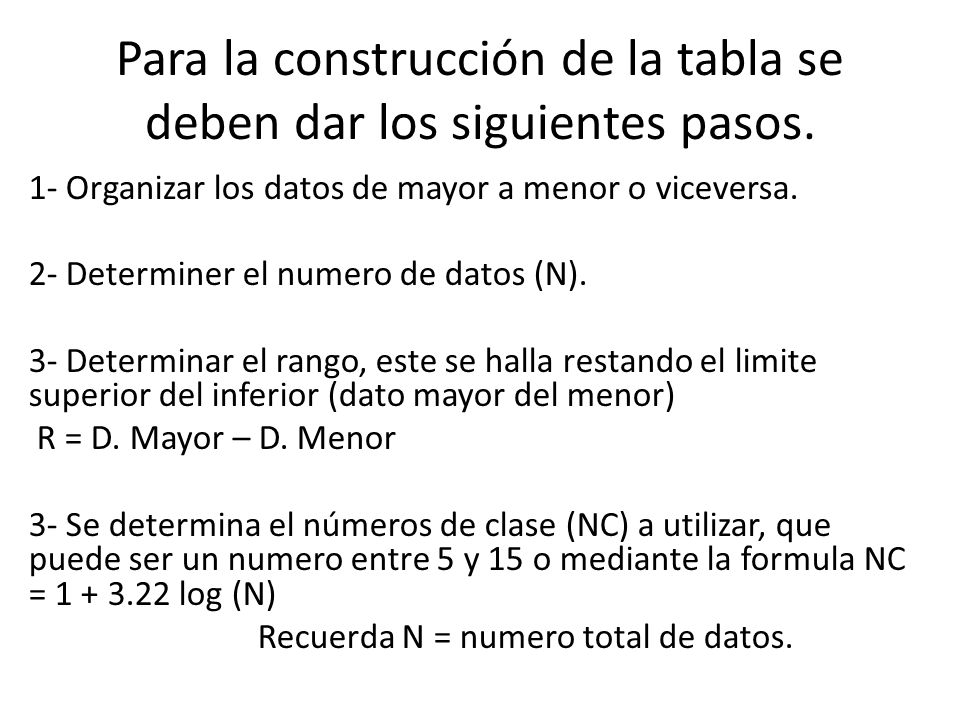 Para la construcción de la tabla se deben dar los siguientes pasos.
