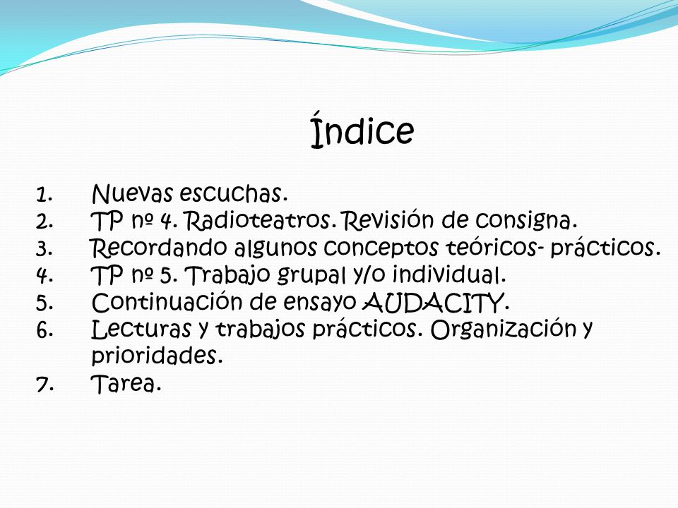 Índice Nuevas escuchas. TP nº 4. Radioteatros. Revisión de consigna.
