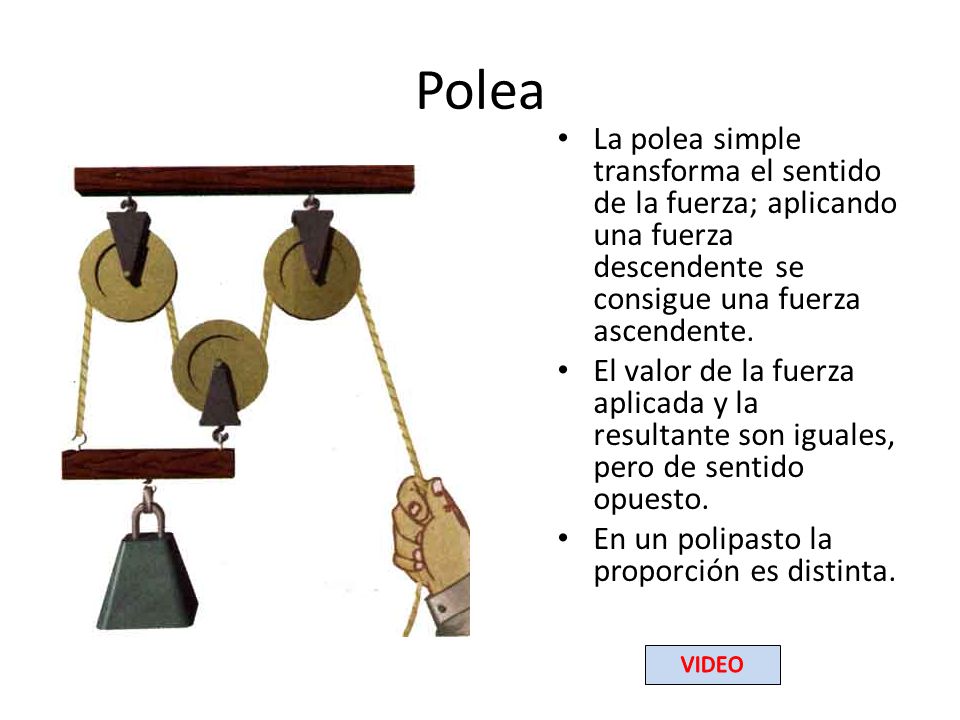 Polea La polea simple transforma el sentido de la fuerza; aplicando una fuerza descendente se consigue una fuerza ascendente.