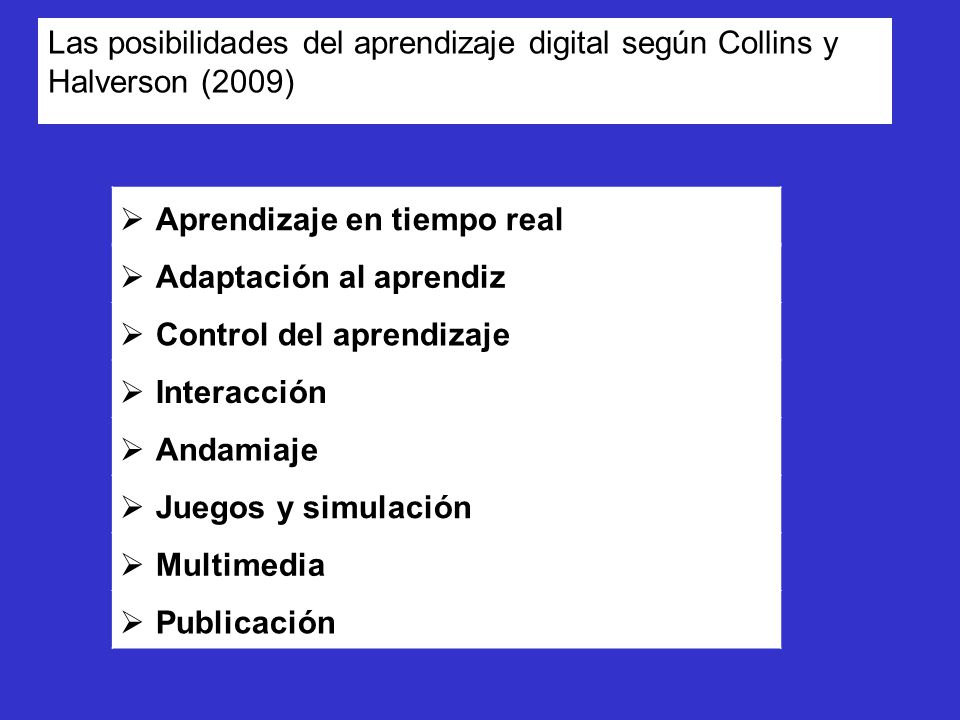 Las posibilidades del aprendizaje digital según Collins y Halverson (2009)