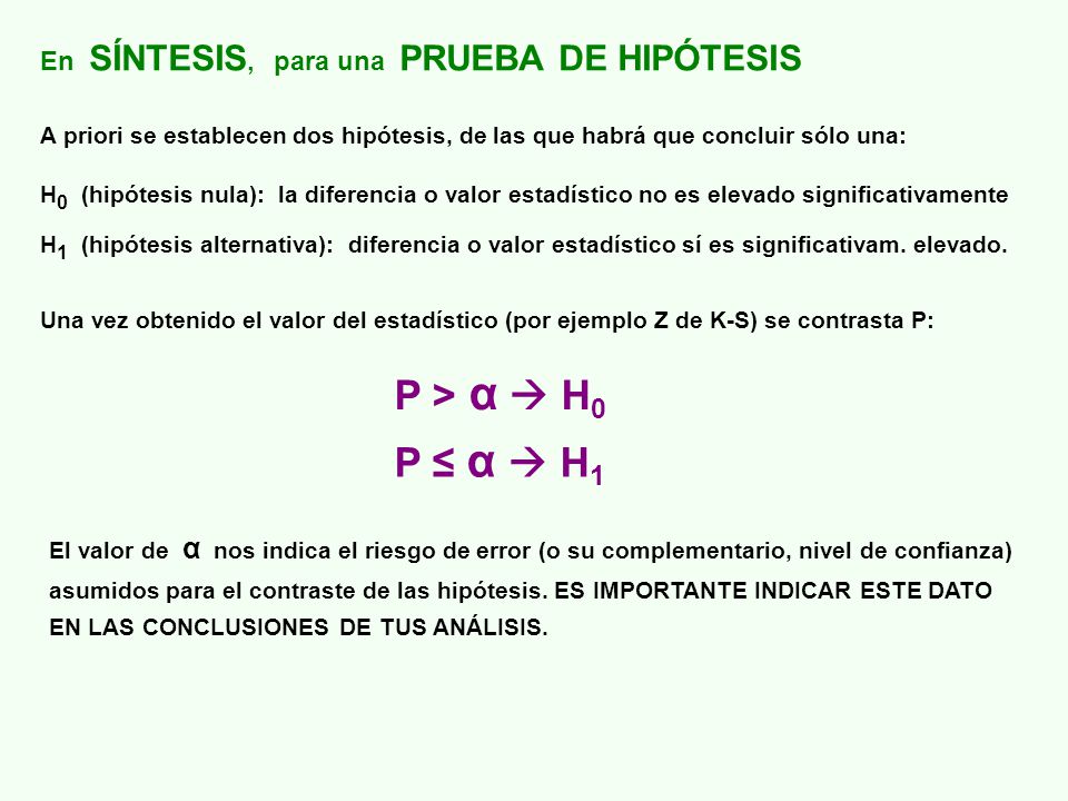 P > α  H0 P ≤ α  H1 En SÍNTESIS, para una PRUEBA DE HIPÓTESIS