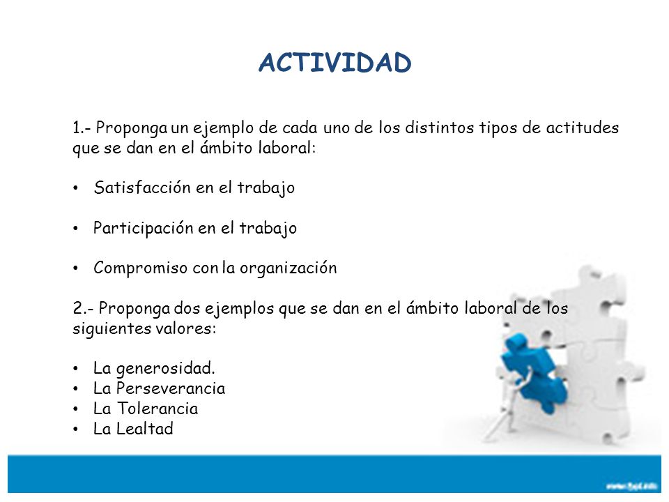 ACTIVIDAD 1.- Proponga un ejemplo de cada uno de los distintos tipos de actitudes que se dan en el ámbito laboral: