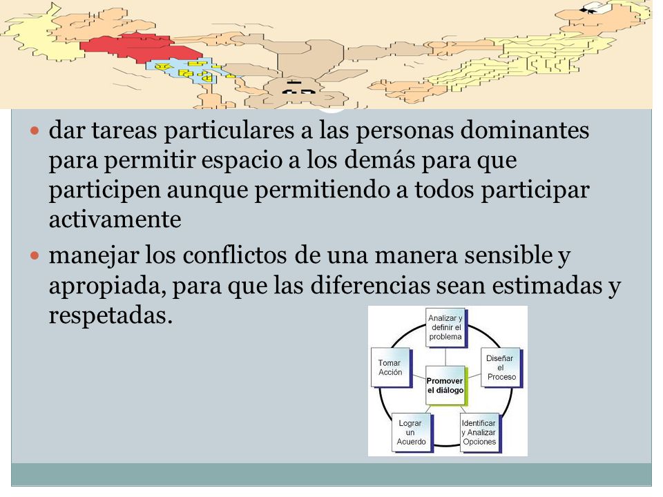 dar tareas particulares a las personas dominantes para permitir espacio a los demás para que participen aunque permitiendo a todos participar activamente