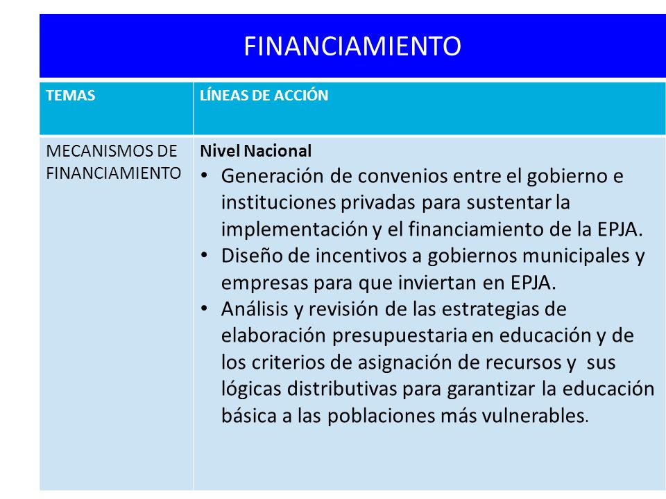 FINANCIAMIENTO TEMAS. LÍNEAS DE ACCIÓN. MECANISMOS DE FINANCIAMIENTO. Nivel Nacional.