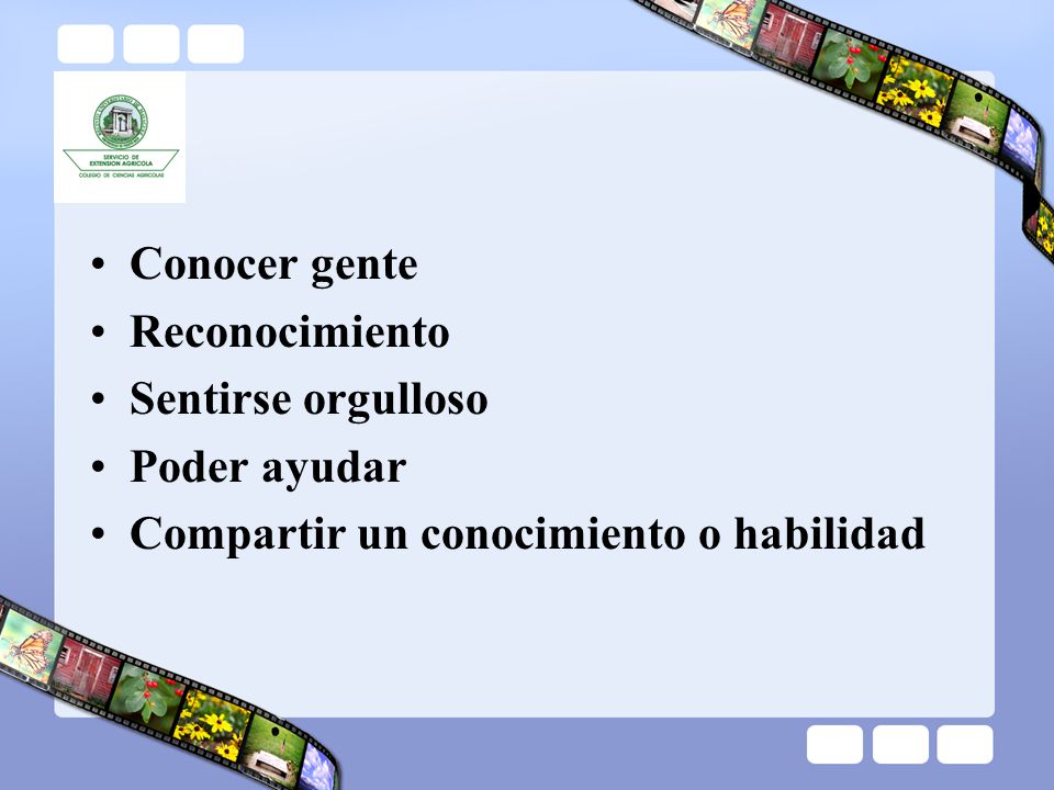 Conocer gente Reconocimiento Sentirse orgulloso Poder ayudar Compartir un conocimiento o habilidad